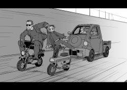  3boys car vehicle_chase closed_mouth commentary daihatsu daihatsu_midget driving frown full_body greyscale honda honda_gorilla honda_motocompo jacket john_connor letterboxed lifting_person male_focus monkey_bike monochrome motion_lines motor_vehicle motorcycle multiple_boys navel on_motorcycle open_clothes open_jacket pants sashizume_soutarou shirt short_hair sunglasses t-1000 t-800 terminator_(series) terminator_2:_judgment_day vehicle_focus vehicle_request very_short_hair 