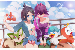 2girls absurdres breasts cardigan closed_mouth collarbone commentary_request creatures_(company) day dot_(pokemon) fence fuecoco game_freak gen_4_pokemon gen_8_pokemon green_pants hair_between_eyes hatenna highres holding holding_phone jacket liko_(pokemon) medium_breasts multiple_girls nintendo oare_cat on_lap open_clothes open_jacket outdoors pants phone pokemon pokemon_(anime) pokemon_(creature) pokemon_horizons pokemon_on_lap purple_eyes purple_hair purple_shirt quaxly rotom rotom_phone shirt sitting sleeveless sleeveless_shirt sprigatito strap_slip white_shirt