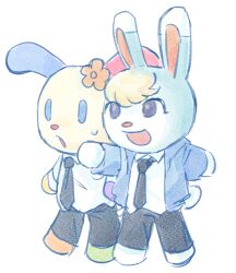  1boy 1girl alternate_costume animal_crossing animal_ears animal_nose blonde_hair blue_eyes collared_shirt crossover full_body furry furry_female furry_male jacket necktie nintendo open_clothes open_jacket open_mouth pants rabbit_boy rabbit_ears rabbit_girl rabbit_tail sanrio sasha_(animal_crossing) shirt short_hair smile species_connection spintops standing tail transparent_background usahana white_shirt 