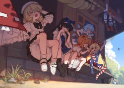  6+girls ? absurdres alice_margatroid american_flag_dress american_flag_legwear apron architecture beetle black_bow black_bowtie black_dress black_hair black_hat black_wings blonde_hair blue_bow blue_dress blue_eyes blue_hair blush bow bowtie bug capelet cirno closed_mouth cloud clownpiece collared_dress detached_wings dress dress_bow drill_hair east_asian_architecture flying frilled_bow frilled_skirt frills geta grass green_hair hair_bow hairband hakurei_reimu hat highres holding holding_leaf ice ice_wings insect instrument jester_cap kirisame_marisa komano_aunn leaf long_hair luna_child medium_hair multiple_girls music open_mouth orange_hair outdoors pebble playing_instrument rangque_(user_vjjs4748) red_capelet red_footwear red_hairband red_hat red_skirt shameimaru_aya shirt shoes short_hair shrine sitting skirt sky sleeveless sleeveless_dress star_sapphire sunny_milk tengu-geta touhou tree waist_apron white_apron white_dress white_footwear white_hat white_shirt wind_chime wings witch_hat 