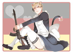  animal_ears axis_powers_hetalia cat_ears crossdressing germany_(hetalia) gun maid weapon  rating:Questionable score:9 user:allgoodthing
