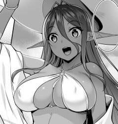  1girl :d antenna_hair arm_up bikini breasts cleavage covered_erect_nipples greyscale hair_between_eyes hat large_breasts looking_at_viewer monochrome nakano_sora open_mouth original pointy_ears slit_pupils smile solo sun_hat swimsuit upper_body 