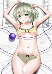 1girl :3 alternate_costume armpits arms_up blush bow bow_panties breasts casual clothes_lift clothes_pull collarbone commentary_request commission cowboy_shot drop_shadow eyelashes floral_print from_above green_eyes green_hair hair_between_eyes head_on_pillow heart heart_of_string highres knee_up komeiji_koishi looking_at_viewer lying medium_hair navel no_bra no_headwear nyanyanoruru on_back open_mouth panties pillow pixiv_commission shirt shirt_lift sleeveless sleeveless_shirt small_breasts smile solo stomach third_eye touhou underboob underwear variant_set yellow_panties yellow_shirt rating:Sensitive score:15 user:danbooru