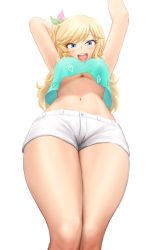 1girl :d armpits arms_behind_head arms_up bare_legs blonde_hair blue_eyes blush breasts crop_top facing_viewer feet_out_of_frame from_below greenteamousou gyaru happy highres idolmaster idolmaster_cinderella_girls large_breasts long_hair looking_at_viewer looking_down midriff navel no_bra ohtsuki_yui open_mouth scrunchie short_shorts shorts simple_background smile solo thick_thighs thighs upshirt white_background wide_hips rating:Sensitive score:87 user:danbooru