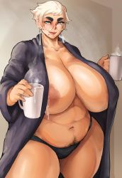  1girl areola_slip black_panties blonde_hair blue_eyes blush breasts breasts_apart coffee collarbone cowboy_shot cup earrings ears eyelashes female_pubic_hair gigantic_breasts glasses half-closed_eyes highres holding holding_cup huge_breasts indoors jewelry jujunaught lactation looking_at_viewer mature_female miffu_(donaught) mole mole_under_mouth navel no_bra nose novel original panties pixie_cut plump pubic_hair robe round_eyewear shiny_skin short_hair smile solo source_request standing steam tan thick_eyebrows thick_thighs thighs underwear wide_hips  rating:Explicit score:135 user:Anonymous4568