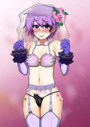  1boy bare_shoulders black_panties blue_eyes blush bra bulge commentary_request cowboy_shot crossdressing cum earrings elbow_gloves erection erection_under_clothes flower garter_belt gloves hair_flower hair_ornament heart heart-shaped_pupils heart_tattoo jewelry looking_at_viewer luka_(mon-musu_quest!) male_focus mon-musu_quest! mon-musu_quest:_paradox navel nipples panties penis_in_panties pubic_tattoo shiganoko smile solo sweat symbol-shaped_pupils tattoo thighhighs trap underwear veil white_thighhighs 