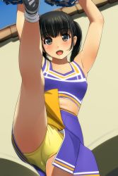 1girl :d armpits arms_up bare_legs black_hair blush breasts brown_eyes cheerleader collarbone day highres kneepits leg_up legs looking_at_viewer matsunaga_kouyou navel open_mouth original outdoors panties pom_pom_(cheerleading) purple_skirt short_twintails skirt sleeveless small_breasts smile socks solo standing standing_on_one_leg tareme thighs twintails underwear upskirt wall white_socks yellow_panties rating:Sensitive score:54 user:danbooru
