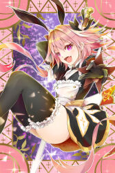  1girl androgynous animal_ears arm_behind_head astolfo_(fate) astolfo_(saber)_(fate) black_bow black_bowtie black_gloves black_thighhighs bow bowtie dress fake_animal_ears fate/grand_order fate_(series) genderswap genderswap_(mtf) gloves hair_bow hair_intakes highres holding holding_sword holding_weapon light_blush long_hair looking_at_viewer multicolored_hair open_mouth outstretched_arm pink_hair purple_eyes rabbit_ears scabbard sheath smile solo sparkle streaked_hair sword thighhighs thighs trap twintails weapon white_hair yatsu_(yatsu_a_yatsu)  rating:Sensitive score:16 user:danbooru