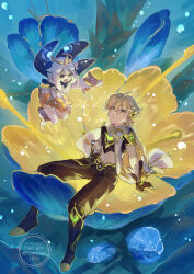  1boy 1girl aether_(genshin_impact) ahoge arm_armor armor arms_up artist_name baggy_pants belt black_footwear blonde_hair blue_eyes blue_flower blue_scarf boots braid brown_belt brown_gloves brown_pants brown_shirt cape closed_mouth constellation_print crystal_hair_ornament earrings flower flying fushitasu genshin_impact gloves gold_trim hair_between_eyes hair_flower hair_ornament hair_ribbon halo jewelry lake long_hair long_sleeves looking_at_another looking_down looking_up mechanical_halo multicolored_eyes open_mouth outdoors paimon_(genshin_impact) pants petals puffy_long_sleeves puffy_sleeves purple_eyes reflection reflective_water ribbon romper scarf shirt short_hair short_sleeves shoulder_armor single_earring sitting smile star_(symbol) starry_sky_print tongue water white_footwear white_hair white_ribbon white_romper white_scarf yellow_cape yellow_eyes yellow_flower 