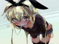 10s 1girl belt bent_over black_ribbon black_sweater black_thighhighs blonde_hair blue_background blush brown_eyes collarbone colored_eyelashes downblouse english_text extended_downblouse flat_chest hair_between_eyes hair_ribbon hard-translated highres jewelry kantai_collection loli long_hair looking_at_viewer narumiya_(narumiya) necklace nipples nose_blush open_mouth ribbed_sweater ribbon shimakaze_(kancolle) short_shorts shorts sleeves_past_wrists solo sparkle sweater thighhighs third-party_edit translated twitter_username very_long_hair rating:Questionable score:37 user:StolenTranslations
