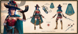  1girl absurdres armor armored_boots arrow_(projectile) bandaged_arm bandaged_leg bandages belt belt_buckle blue_hair boots breasts brown_skirt buckle cape character_sheet commentary commission dagger dang_(runescape) duellist&#039;s_cap_(tier_6) english_commentary fingerless_gloves full_body gladiator gloves glowing_hat gold_armor gold_trim greaves green_belt green_cape hat highres holding johnny_azad knife leg_armor leotard lion long_hair long_sword medium_breasts old_school_runescape original poleyn ponytail quiver red_leotard runescape sabaton skirt smile spiked_ear_piercing standing sun_symbol thick_eyebrows weapon yellow_eyes 