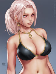 1girl bare_shoulders bikini black_bikini breasts chloe_(sciamano240) cleavage closed_mouth collarbone commentary dated deviantart_username earrings english_commentary grey_background highres jewelry large_breasts looking_to_the_side necklace original parted_bangs pink_eyes pink_hair ponytail realistic sciamano240 signature simple_background smile solo standing swimsuit rating:Sensitive score:215 user:danbooru