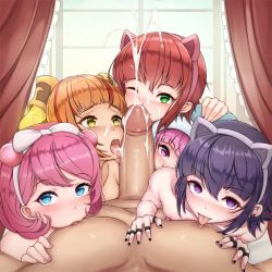 1boy 5girls annie_(league_of_legends) black_hair black_nails blue_eyes cafe_cuties_(league_of_legends) cafe_cuties_annie cher_i cooperative_fellatio cum curtains facial fellatio frilled_curtains frostfire_annie goth_annie green_eyes hair_ornament hand_on_another&#039;s_head harem hetero highres indoors league_of_legends licking licking_nipple loli loli_harem multiple_girls multiple_persona nail_polish nipple_piercing nipple_stimulation nipples official_alternate_costume official_alternate_hairstyle one_eye_closed oral orange_eyes penis piercing pink_nails purple_eyes short_hair sweetheart_annie uncensored rating:Explicit score:503 user:danbooru