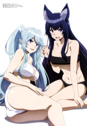  2girls abs absurdres alternate_breast_size animal_ears ass bikini breasts delta_(kage_no_jitsuryokusha_ni_naritakute!) elf epsilon_(kage_no_jitsuryokusha_ni_naritakute!) highres kage_no_jitsuryokusha_ni_naritakute! large_breasts looking_at_viewer magazine_scan megami_magazine multiple_girls official_art pointy_ears scan simple_background swimsuit tail thighs twintails underboob white_background wolf_ears wolf_girl wolf_tail  rating:Sensitive score:176 user:danbooru
