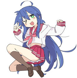  &gt;_o 1girl :3 absurdres ahoge blue_hair blush_stickers brown_footwear brown_socks commentary dot_nose full_body fusazakura green_eyes hair_between_eyes hands_up highres izumi_konata loafers long_hair long_sleeves looking_at_viewer lucky_star midriff_peek mole mole_under_eye navel neckerchief one_eye_closed open_mouth pleated_skirt puffy_long_sleeves puffy_sleeves red_neckerchief red_sailor_collar red_skirt ryouou_school_uniform sailor_collar school_uniform shoes simple_background skirt sleeves_past_wrists smile socks solo v very_long_hair white_background 