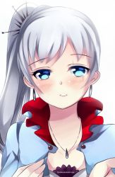  1girl artist_name blue_eyes blush closed_mouth collarbone dress earrings eyebrows jewelry long_hair looking_at_viewer necklace pendant ponytail rwby ryothae smile solo tareme upper_body watermark web_address weiss_schnee white_background  rating:Sensitive score:14 user:danbooru