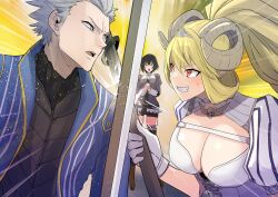  1boy 2girls absurdres black_hair blonde_hair blue_jacket breasts cleavage clenched_teeth commentary commission crossover demon_girl demon_horns devil_may_cry_(series) english_commentary green_eyes grey_eyes grey_hair high_ponytail highres holding holding_polearm holding_weapon horns jacket large_breasts long_hair lucifer_(the_seven_deadly_sins) mixed-sex_combat multiple_girls polearm red_eyes short_hair spear sword teeth the_seven_deadly_sins totsuka_maria vergil_(devil_may_cry) weapon 