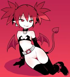  1girl akableak anklet arm_belt arm_support bare_shoulders belt black_bra black_choker black_footwear black_gloves black_thighhighs boots bottomless bra breasts bright_pupils choker closed_mouth collarbone commentary demon_girl demon_tail demon_wings disgaea earrings elbow_gloves english_commentary etna_(disgaea) full_body gloves gradient_background groin hair_between_eyes highres jewelry leaning_to_the_side loli looking_at_viewer makai_senki_disgaea midriff mini_wings narrowed_eyes naughty_face navel o-ring o-ring_choker pointy_ears pussy red_background red_bracelet red_eyes red_hair red_tail red_wings shadow short_twintails sitting skull_earrings slit_pupils small_breasts smile solo strapless strapless_bra studded_anklet studded_bracelet tail thigh_gap thighhighs tongue tongue_out tsurime twintails underwear white_belt white_pupils wings yokozuwari 