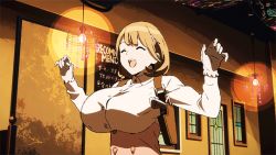 1girl :d animated animated_gif blonde_hair bouncing_breasts breasts gun handgun happy holster holstered jumping large_breasts narusawa_ryouka occultic;nine open_mouth shoulder_holster smile weapon rating:Sensitive score:102 user:redblue99