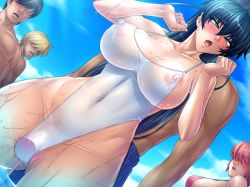  00s ahegao beach breasts covered_erect_nipples curvy happy_sex hetero igawa_asagi kagami_hirotaka large_breasts lilith-soft moaning multiple_boys one-piece_swimsuit partially_visible_vulva public_indecency pussy pussy_juice see-through sex_toy shiny_skin swimsuit taimanin_(series) taimanin_asagi taimanin_asagi_kessen_arena thighs third-party_edit uncensored vibrator  rating:Explicit score:124 user:Loc0