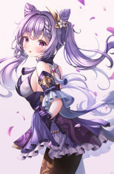 1girl :o absurdres bare_shoulders blush braid breasts brown_pantyhose commentary detached_sleeves dress from_side genshin_impact gloves hair_ornament hair_over_eyes highres keqing_(genshin_impact) long_hair looking_at_viewer medium_breasts pantyhose petals purple_dress purple_eyes purple_gloves purple_hair resolution_mismatch signature skirt_hold solo source_smaller standing tassel twintails very_long_hair vision_(genshin_impact) wol_(wol_927) rating:Sensitive score:20 user:danbooru
