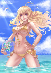 1girl ahoge animal ball beachball bikini bird blonde_hair blue_sky blush bojue_yu_yaojing_695657 breasts cameltoe cleavage cloud collarbone cowboy_shot day covered_erect_nipples grin hand_on_own_hip holding holding_ball jewelry large_breasts light_rays lips long_hair lots_of_jewelry navel necklace outdoors partially_submerged pendant purple_eyes rwby sideboob sky smile solo strap_gap sunbeam sunlight swimsuit underboob wading water yang_xiao_long yellow_bikini rating:Sensitive score:97 user:danbooru