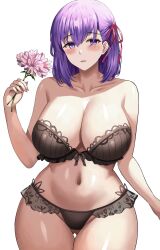  1girl animated animated_gif bare_shoulders black_bra black_panties bra breasts cleavage collarbone commentary english_commentary fate/stay_night fate_(series) flower gluteal_fold hair_ribbon holding holding_flower jasony large_breasts looking_at_viewer matou_sakura panties parted_lips purple_eyes purple_hair red_ribbon ribbon simple_background smile solo thigh_gap underwear white_background 