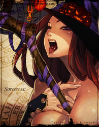  1girl bare_shoulders between_breasts breasts brown_hair dragon&#039;s_crown fingernails hand_on_own_chest hat large_breasts long_fingernails long_hair open_mouth piercing portrait saliva saliva_trail sayo_tanku solo sorceress_(dragon&#039;s_crown) staff tongue tongue_piercing witch_hat  rating:Questionable score:50 user:danbooru