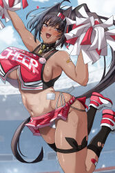  1girl ahoge arm_up asymmetrical_legwear bandages bandaid bandaid_on_arm bandaid_on_leg bay_(nikke) black_hair black_hairband black_socks blue_eyes blue_sky blush breasts cameltoe cheerleader clothes_writing cloud cloudy_sky collar commentary crop_top dark-skinned_female dark_skin day full_body goddess_of_victory:_nikke hair_intakes hairband highres holding holding_pom_poms jumping large_breasts lock long_hair looking_at_viewer microskirt mole mole_on_breast mole_on_stomach mole_under_mouth navel open_mouth outdoors padlock padlocked_collar paid_reward_available panties pleated_skirt pom_pom_(cheerleading) pom_poms ponytail red_footwear red_shirt red_skirt revealing_clothes sharp_teeth shirt shoes showgirl_skirt side-tie_panties single_sock single_thighhigh skirt sky sleeveless smile sneakers socks solo spiked_collar spikes stadium stomach sweat takeura tan tanline teeth thigh_strap thighhighs torn_clothes torn_socks underboob underwear upper_teeth_only white_panties 