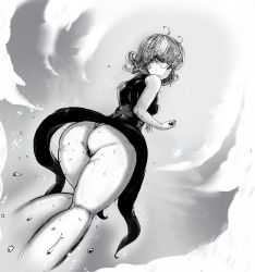 1girl ass black_panties breasts curvy huge_ass medium_breasts monochrome one-punch_man panties short_hair skirt solo sweat tatsumaki the_golden_smurf thick_thighs thighs thong underwear upskirt wide_hips rating:Questionable score:82 user:tanaab1234567890