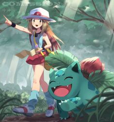  1girl blue_tank_top breasts brown_eyes brown_hair commentary_request commission creatures_(company) fangs forest game_freak gen_1_pokemon hat highres holding holding_map ivysaur jin_(funaki_gen) leaf_(pokemon) long_hair loose_socks map miniskirt nature nintendo pleated_skirt pointing pokemon pokemon_(creature) pokemon_frlg red_skirt shoes skeb_commission skirt small_breasts socks sunlight tank_top watermark white_footwear wristband 