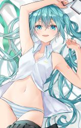 1girl absurdres aqua_eyes aqua_hair arm_up armlet artist_name bare_shoulders black_skirt blue_eyes blue_panties blush breasts cleavage collared_shirt cowboy_shot green_necktie hair_ornament halha_20 hatsune_miku highres long_hair looking_at_viewer lying navel necktie number_tattoo on_back panties partially_unbuttoned pleated_skirt shirt shoulder_tattoo sidelocks skirt skirt_around_one_leg sleeveless sleeveless_shirt small_breasts solo striped_clothes striped_panties tattoo thigh_gap twintails underwear unworn_hair_ornament unworn_necktie very_long_hair vocaloid white_background white_shirt rating:Sensitive score:40 user:danbooru
