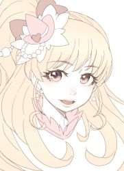1girl :d bad_id bad_twitter_id blonde_hair character_request earrings hair_ornament jewelry lips long_hair looking_at_viewer open_mouth ponytail portrait precure red_eyes round_teeth simple_background smile solo tasaka_shinnosuke teeth upper_teeth_only white_background rating:Sensitive score:5 user:danbooru