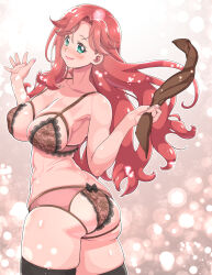  1girl alternate_hairstyle ass black_bra black_ribbon black_thighhighs bra breasts closed_mouth clothing_cutout commentary cowboy_shot green_eyes hair_down highres holding holding_ribbon inukai_youko kohsaka_jun lace lace-trimmed_bra lace_trim large_breasts light_particles lingerie long_hair looking_at_viewer looking_back mature_female nipples panties pink_bra pink_panties precure red_hair ribbon smile solo standing thighhighs underwear underwear_only wonderful_precure! 