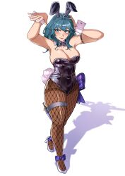  1girl absurdres animal_ears arm_strap arms_up bare_shoulders black_hairband black_leotard blue_eyes blue_hair breasts brown_pantyhose byleth_(female)_(fire_emblem) byleth_(fire_emblem) cleavage commentary dagger deliciousbrain eyelashes fake_animal_ears fire_emblem fire_emblem:_three_houses fishnet_pantyhose fishnets grey_footwear hairband high_heels highres knife large_breasts leotard long_hair looking_at_viewer nintendo pantyhose playboy_bunny rabbit_ears red_lips sheath sheathed simple_background smile solo strapless strapless_leotard thigh_strap weapon white_background wrist_cuffs 