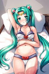 1girl adapted_costume aposine aqua_eyes aqua_hair arm_up armpits bikini bishoujo_senshi_sailor_moon bow bow_bikini collarbone commentary commission cosplay double_bun english_commentary hair_bun hair_ornament hatsune_miku long_hair looking_at_viewer lying navel on_back on_bed parted_bangs pillow red_bow sail sailor_moon sailor_moon_(cosplay) solo striped_bikini striped_clothes swimsuit twintails very_long_hair vocaloid rating:Sensitive score:18 user:danbooru