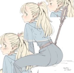  1girl ass blonde_hair blush choker dungeon_meshi elf fyama green_eyes long_hair looking_at_viewer marcille_donato open_mouth pointy_ears ponytail simple_background sitting solo staff white_background  rating:Sensitive score:70 user:danbooru