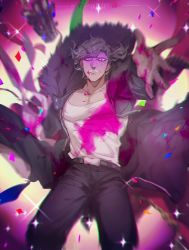  10s 1boy black_hair blood blood_from_mouth blood_on_clothes bloody_hand chromatic_aberration confetti danganronpa_(series) danganronpa_3_(anime) dark_skin dark-skinned_male falling fur-trimmed_jacket fur_trim green_hair highres jacket looking_at_viewer male_focus muscular no_hikado outstretched_arm pink_blood sakakura_juuzou shaded_face solo sparkle  rating:Sensitive score:0 user:Buranko