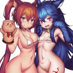&gt;:d 10s 2girls :d animal_ears animal_hands asymmetrical_docking bad_id bad_pixiv_id bare_shoulders big_hair bikini bikini_top_only blue_hair blush bottomless breast_press breasts cerberus_(shingeki_no_bahamut) chain cleavage cleft_of_venus collar collarbone cowboy_shot dakunesu dog_ears erune fang fang_out fenrir_(shingeki_no_bahamut) granblue_fantasy hair_between_eyes hand_puppet highres jewelry large_breasts leg_tattoo long_hair looking_at_viewer micro_bikini multiple_girls navel necklace open_mouth paw_pose pink_eyes puppet red_eyes red_hair shingeki_no_bahamut shingeki_no_bahamut:_genesis sideboob simple_background small_breasts smile strap_gap swimsuit tail tattoo twintails v-shaped_eyebrows very_long_hair white_background white_bikini wolf_ears wolf_tail yellow_eyes rating:Questionable score:40 user:danbooru