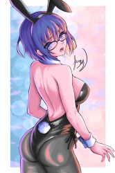  animal_ears back bare_shoulders black_pantyhose blue_eyes blue_hair bow bowtie breasts ciel_(tsukihime) cleavage colorful fake_animal_ears glasses gluteal_fold head_tilt leotard looking_back nipples open_mouth pantyhose playboy_bunny rabbit_ears rabbit_tail short_hair tsukihime type-moon watermark wrist_cuffs 