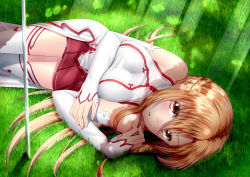  10s 1girl asuna_(sao) breasts brown_eyes brown_hair detached_sleeves grass kai_(link2262) long_hair looking_at_viewer lying on_back sideways skirt smile solo sword sword_art_online thighhighs weapon white_thighhighs  rating:Sensitive score:11 user:spiderfan