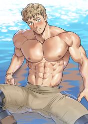 1boy abs absurdres armor bara blonde_hair blush cowboy_shot dungeon_meshi highres laios_touden large_pectorals looking_down love_handles male_focus muscular muscular_male navel navel_hair nipples partially_submerged pectorals short_hair sideburns sitting solo spread_legs suyohara thick_eyebrows topless_male water