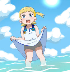  1girl :d asymmetrical_hair bare_arms bare_shoulders blonde_hair blue_eyes blue_sky blush bonnie_(pokemon) clothes_lift cloud cloudy_sky collarbone creatures_(company) day dress dress_lift female_focus flat_chest game_freak highres lifting_own_clothes loli looking_at_viewer mantan nintendo open_mouth pokemon pokemon_(anime) pokemon_xy_(anime) side_ponytail sky sleeveless sleeveless_dress smile solo standing teeth upper_teeth_only wading water white_dress  rating:Questionable score:22 user:Domestic_Importer