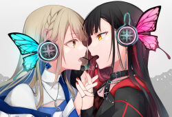  2girls azusawa_kohane black_hair blonde_hair blue_hair brown_eyes collar dark_blue_hair from_side headset interlocked_fingers jewelry kuroi_(liar-player) long_hair looking_at_another magnet_(vocaloid) multiple_girls necklace open_mouth project_sekai ring shiraishi_an upper_body 