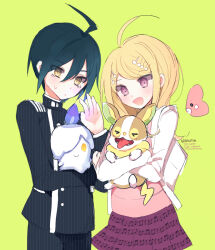 1boy 1girl ahoge akamatsu_kaede animal animal_hug backpack bag black_jacket black_pants black_sleeves blonde_hair blue_fire blue_hair candle closed_mouth collared_jacket commentary_request cowboy_shot creature creatures_(company) crossed_arms crossover dalrye_v3 danganronpa_(series) danganronpa_v3:_killing_harmony dog eyelashes fire fortissimo game_freak gen_3_pokemon gen_5_pokemon gen_8_pokemon gradient_hair green_background hair_between_eyes hair_ornament heart high_collar holding holding_creature holding_pokemon jacket korean_commentary layered_sleeves light_blush light_frown lightning_bolt_symbol litwick long_hair long_sleeves luvdisc miniskirt multicolored_hair musical_note musical_note_hair_ornament musical_note_print nintendo open_mouth pants pink_vest pinstripe_jacket pinstripe_pants pinstripe_pattern pleated_skirt pokemon pokemon_(creature) purple_eyes purple_skirt saihara_shuichi shirt simple_background skirt smile sweatdrop tongue tongue_out twitter_username unmoving_pattern vertical-striped_sleeves vest white_bag white_shirt white_sleeves yamper yellow_eyes