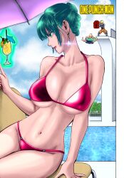  1girl bikini breasts colorized fubuki_(one-punch_man) genos glowing large_breasts one-punch_man pool saitama_(one-punch_man) swimsuit third-party_edit vantud watermark 