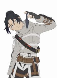  1girl animification apex_legends belt black_hair black_pants brown_belt commentary cowboy_shot ehwhaaa english_commentary grey_jacket hair_behind_ear hair_bun head_tilt highres jacket kunai looking_to_the_side official_alternate_costume pants parted_lips simple_background single_hair_bun solo the_liberator_wraith thigh_belt thigh_strap unfinished weapon white_background white_belt white_eyes wraith&#039;s_kunai wraith_(apex_legends) 