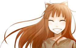 1girl animal_ears ayakura_juu closed_eyes female_focus highres holo simple_background smile solo spice_and_wolf third-party_edit  rating:Sensitive score:22 user:Suria