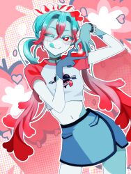  1girl black_choker blue_skin blue_skirt blue_tongue choker colored_eyelashes colored_skin colored_tongue crop_top gradient_hair hair_between_eyes hatsune_miku heart heart-shaped_pupils heart_hands highres long_hair looking_at_viewer midriff multicolored_hair navel one_eye_closed red_eyes skirt solo symbol-shaped_pupils uchihara vocaloid zombie zombification 