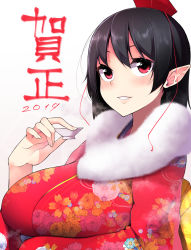 1girl 2019 alternate_costume bad_id bad_pixiv_id black_hair breasts cup fingernails floral_print fur_collar hat highres holding japanese_clothes kimono large_breasts lips looking_up new_year obi parted_lips pointy_ears red_eyes red_hat red_kimono sakazuki sash shachi_kamaboko shameimaru_aya short_hair simple_background smile solo tokin_hat touhou translated white_background